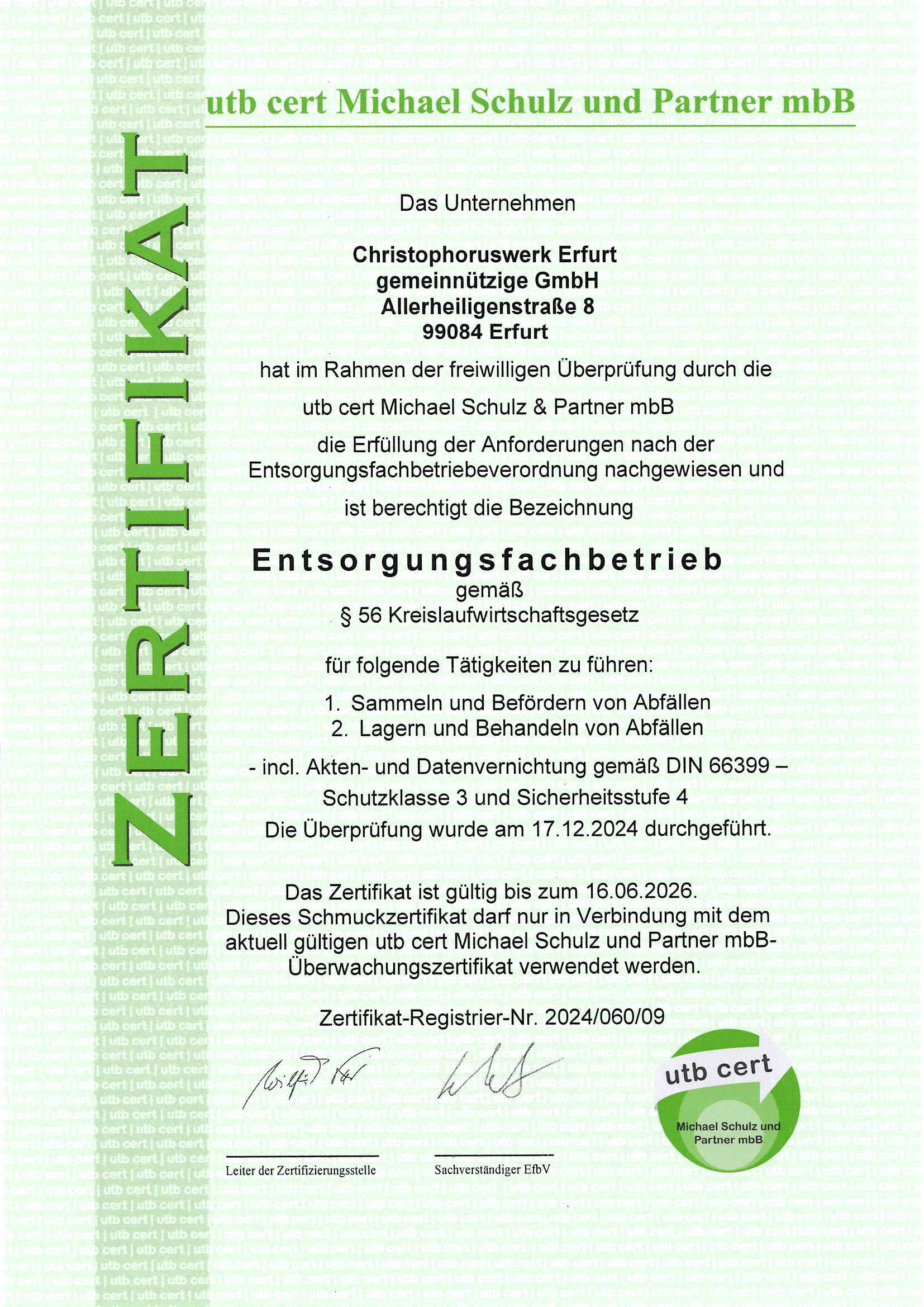 Zertifikat Entsorgungsfachbetrieb 2024
