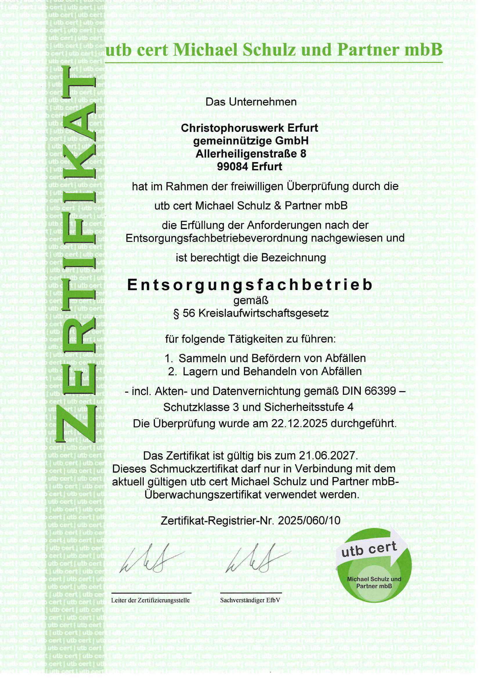 Link für Download des Zertifikats als Entsorgungsfachbetrieb