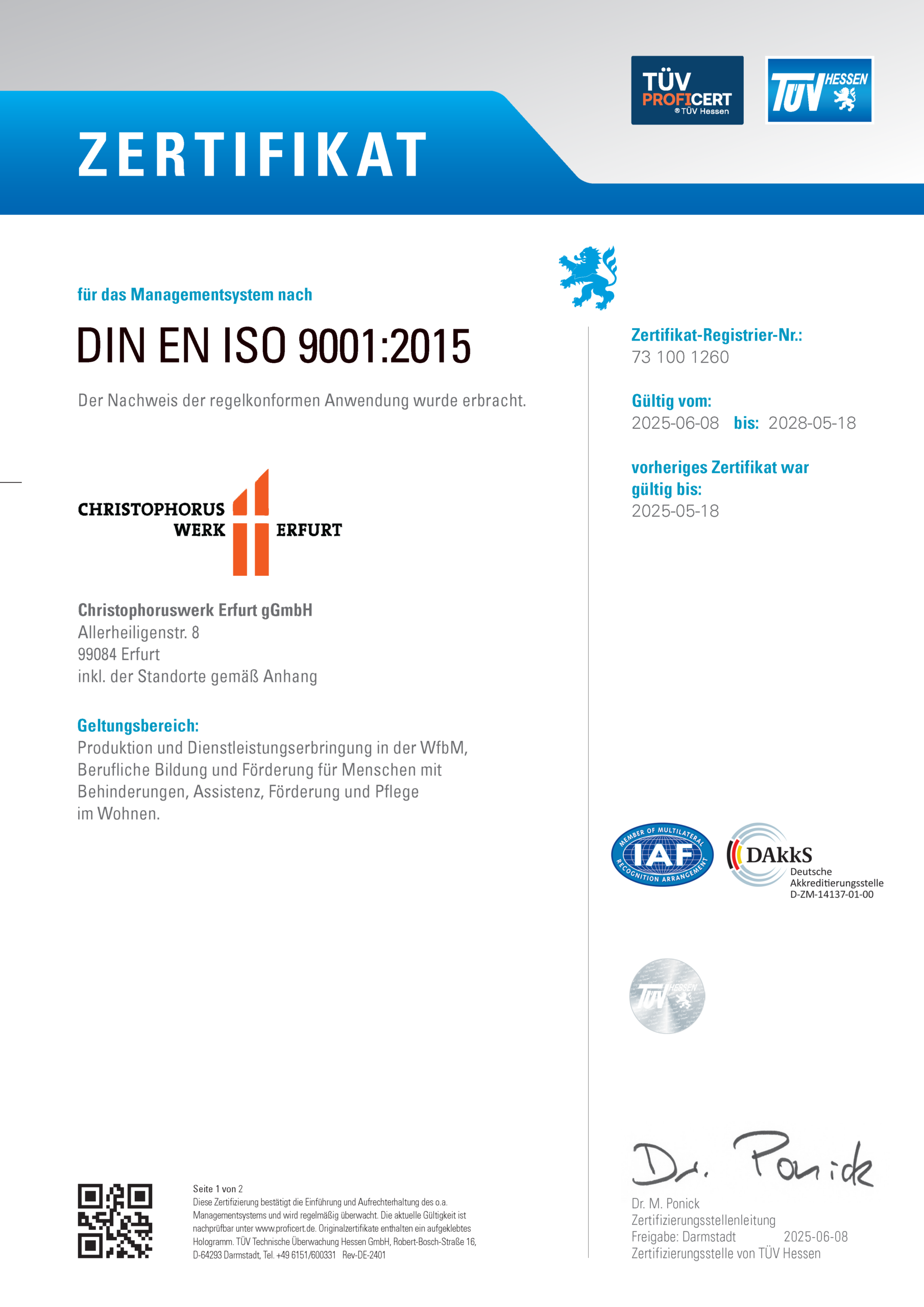 Link für Download des Zertifikats, nach dem das Christophoruswerk regelkonform nach dem Managementsystem DIN EN ISO 9001:2015 arbeitet